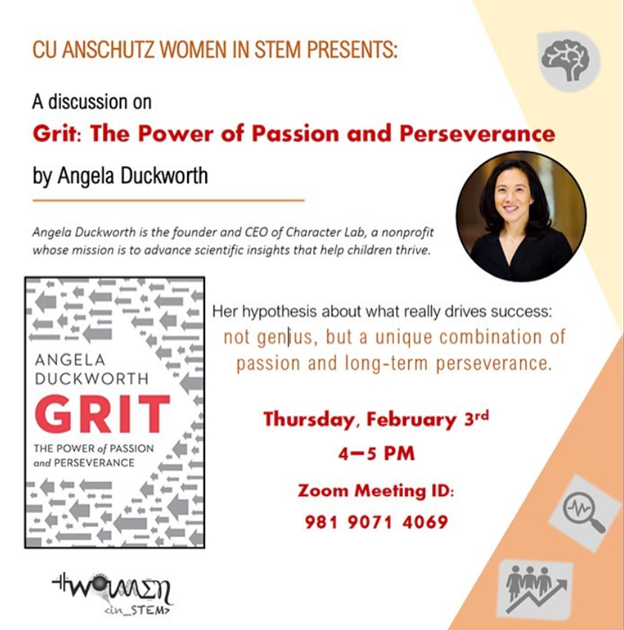 Poster for book club meeting on the book Grit by Angela Duckworth