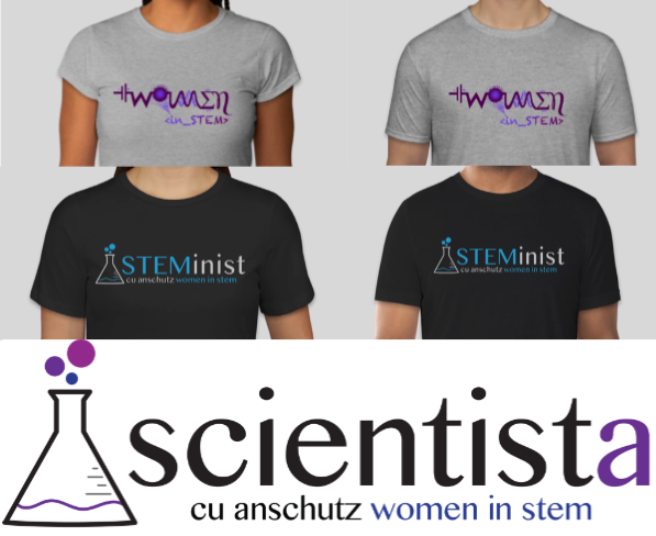 A collage of 2 t-shirt designs and a sticker reading "Scientista"