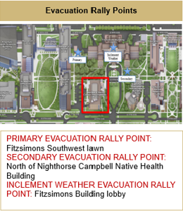 Map with information indicating - Primary Evacuation Rally Point: Fitzsimons southwest lawn. Secondary Evacuation Rally Point: North of Nighthorse Campbell Native Health Building. Inclement Weather Evacuation Rally Point: Fitzsimons Building lobby