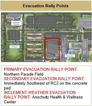 Map Indicating Evacuation Rally Points - Primary Rally Point: Northern Parade Field. Secondary Evacuation Rally Point: Just southeast of RC2 on concrete pad. Inclement Weather Rally Point: Anschutz Health & Wellness Center