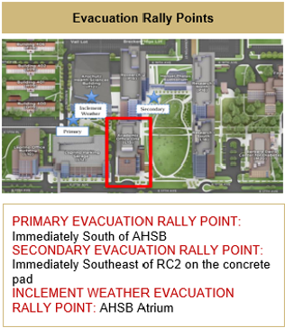 Map Indicating Evacuation Rally Points - Primary Evacuation Rally Point: Immediately south  of AHSB. Secondary Evacuation Rally Point: Just southeast of RC2 on the concreate pad. Inclement Weather Evacuation Rally Point: AHSB Atrium