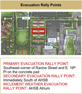 Map Indicating Evacuation Rally Points - Primary Evacuation Rally Point: SE corner of Racine and E. 19th Pl. on concrete pad. Secondary Evacuation Rally Point: South of AHSB. Inclement Weather Rally Point: AHSB Atrium.