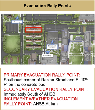 Map Indicating Evacuation Rally Points - Primary: SE corner of Racine and E. 19th Pl. on concrete pad. Secondary: South of AHSB. Inclement Weather: AHSB Atrium.