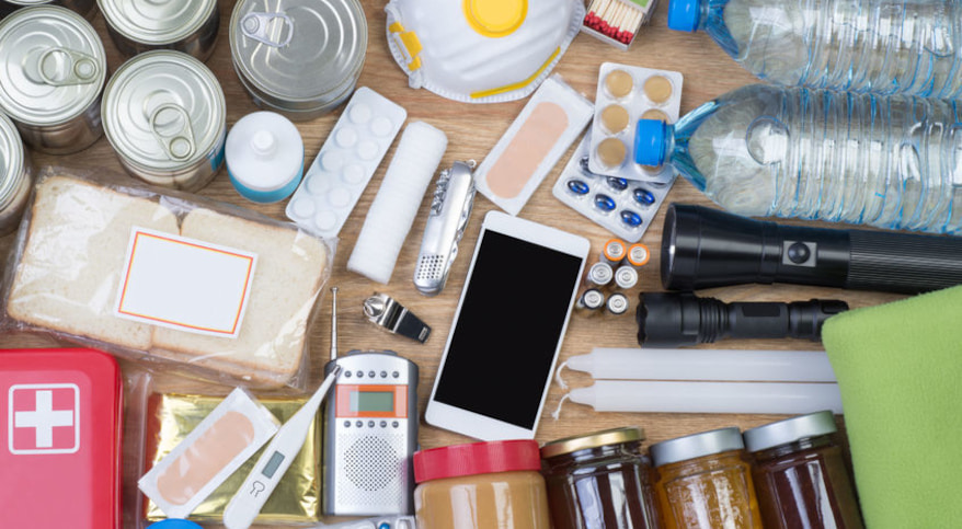 Emergency disaster kit pieces laying on table