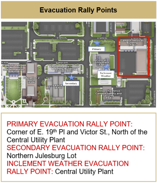 Map Indicating Evacuation Rally Points - Primary: Corner of E. 19th Pl. and Victor St. North of CUP. Secondary: Norther Julesburg Lot. Inclement Weather: Central Utilities Plant.