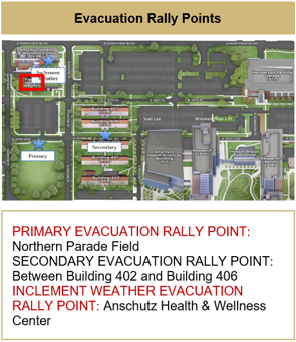 Map Indicating Evacuation Rally Points - Primary: Northern Parade Field. Secondary: Between 402 and 406. Inclement Weather: AHSB Atrium.
