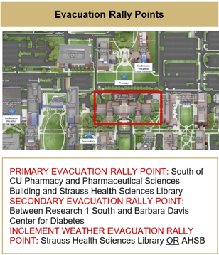 Map Indicating Evacuation Rally Points - Primary: South of Pharm. and Library. Secondary: Between RC1S and BDC. Inclement Weather: Strauss Health Sciences Library.