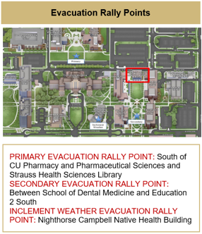 Map Indicating Evacuation Rally Points - Primary: South of Pharm. and Library. Secondary: Between SDM and Ed2S. Inclement Weather: Nighthorse Campbell Building lobby.