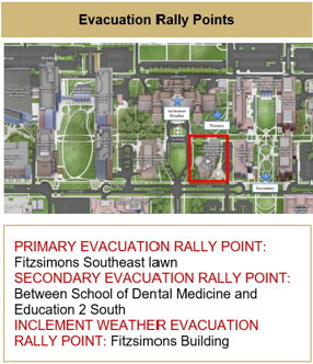 Map Indicating Evacuation Rally Points - Primary: Fitzsimons southeast lawn. Secondary: Between SODM and Ed2S. Inclement Weather: Fitzsimons main floor lobby.