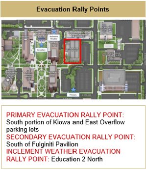 Map Indicating Evacuation Rally Points - Primary: South portion of Kiowa and East Overflow lots. Secondary: South of Fulginiti Pavilion. Inclement Weather: Education 2 North.