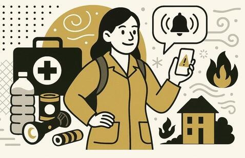 digital graphic of a woman wearing a rain coat and backpack with personal preparedness items