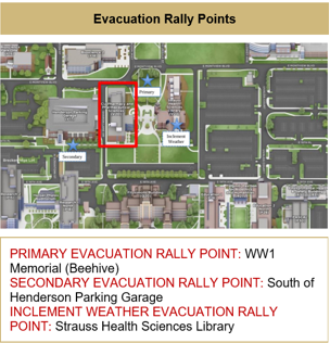 Map Indicating Evacuation Rally Points - Primary: WW1 Memorial Beehive. Secondary: South of Henderson Parking Garage. Inclement Weather: Strauss Health Sciences Library.