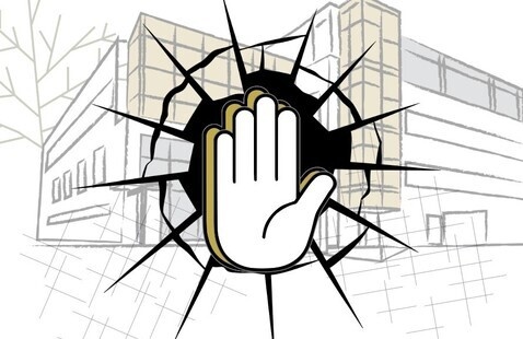 A digital graphic of a hand breaking through glass with a building in the background