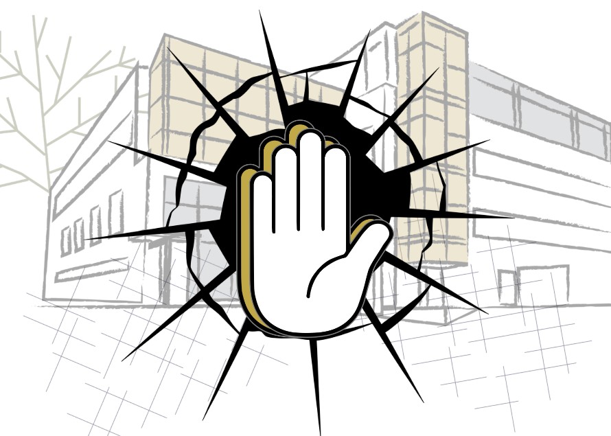 Animated hand covering shattered glass