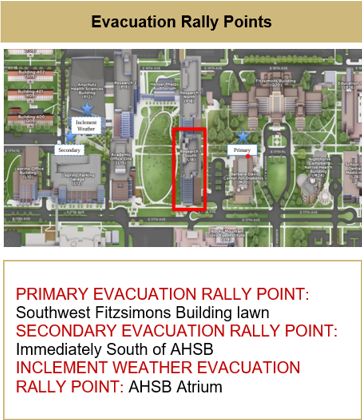 Map Indicating Evacuation Rally Points - Primary: Southwest Fitzsimons bldg. lawn. Secondary: Immediately south of AHSB. Inclement Weather: AHSB Atrium.