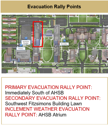 Map Indicating Evacuation Rally Points - Primary: Immediately south of AHSB. Secondary: Southwest Fitzsimons Bldg. lawn. Inclement Weather: AHSB Atrium.
