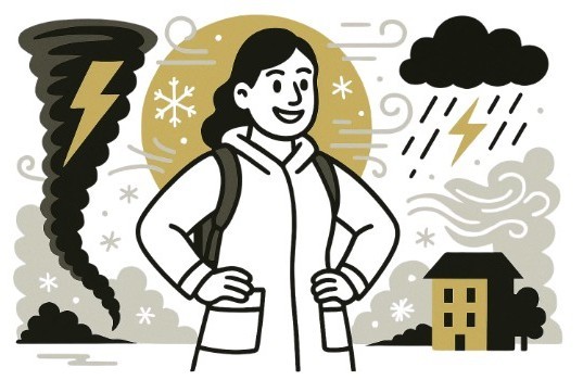 student surrounded by severe weather hazards