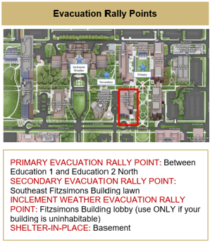 Map Indicating Evacuation Rally Points - Primary: Between Ed1 and Ed2N. Secondary: Southeast Fitzsimons Bldg. lawn. Inclement Weather: Fitzsimons Bldg. lobby.