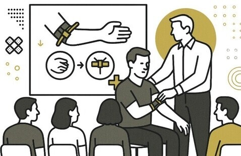 digital graphic of an instructor teaching a class on tourniquet application