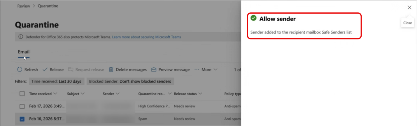 Screenshot of the success screen after selecting 
