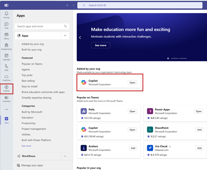 Screenshot of adding Copilot to the Teams app or locating it on the left side menu. 