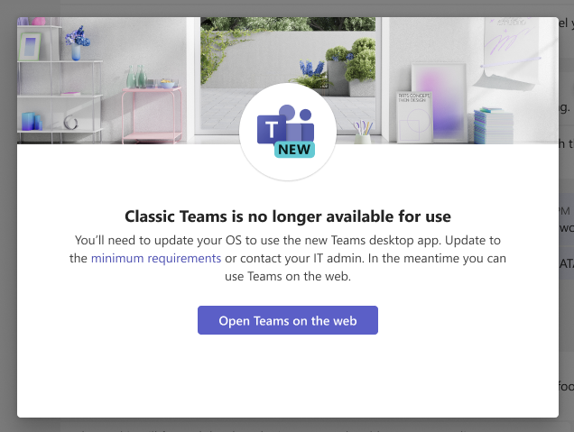 Teams client EOL notification box