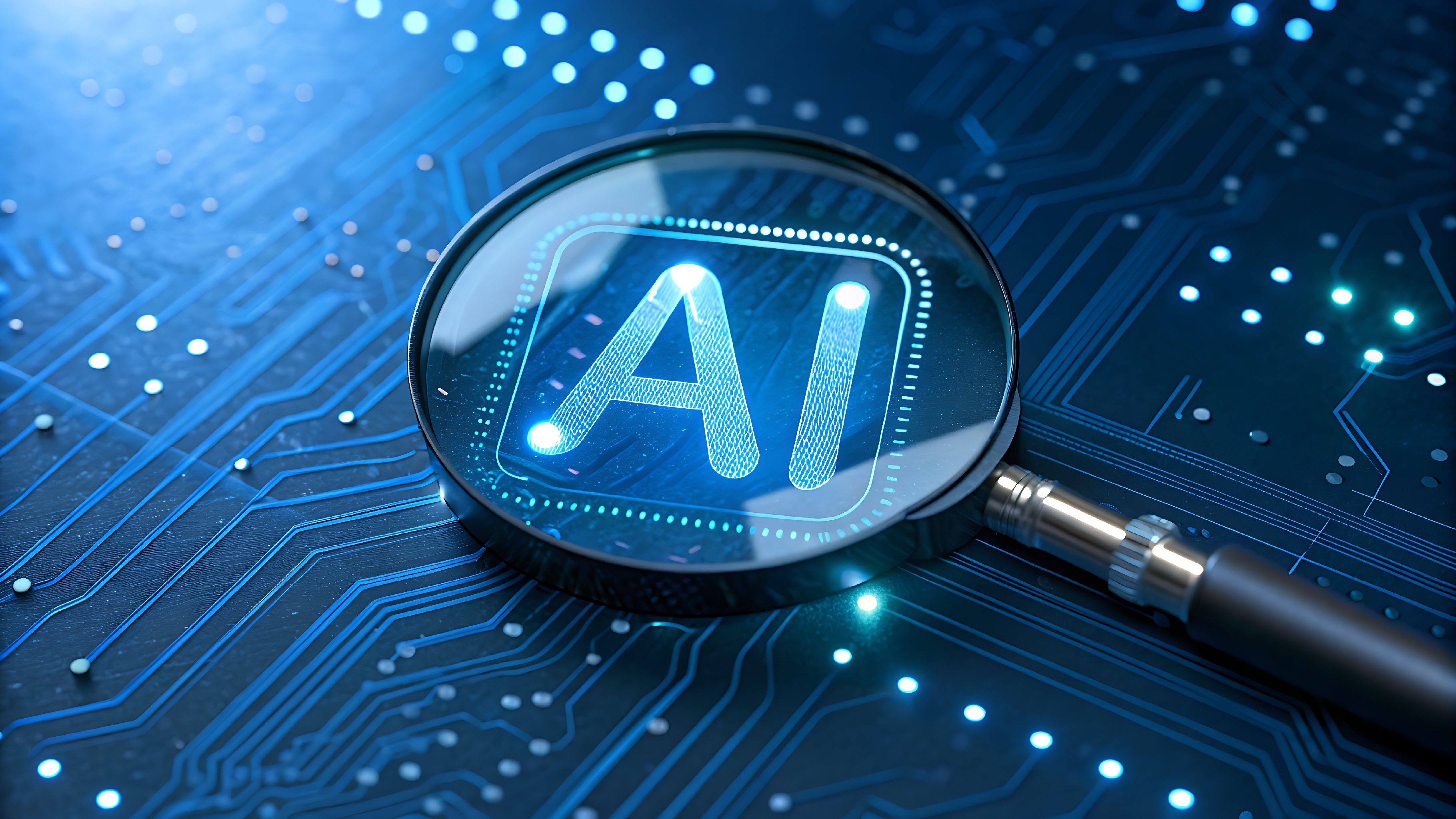 graphic of a circuit board with the letters AI under a magnifying glass.