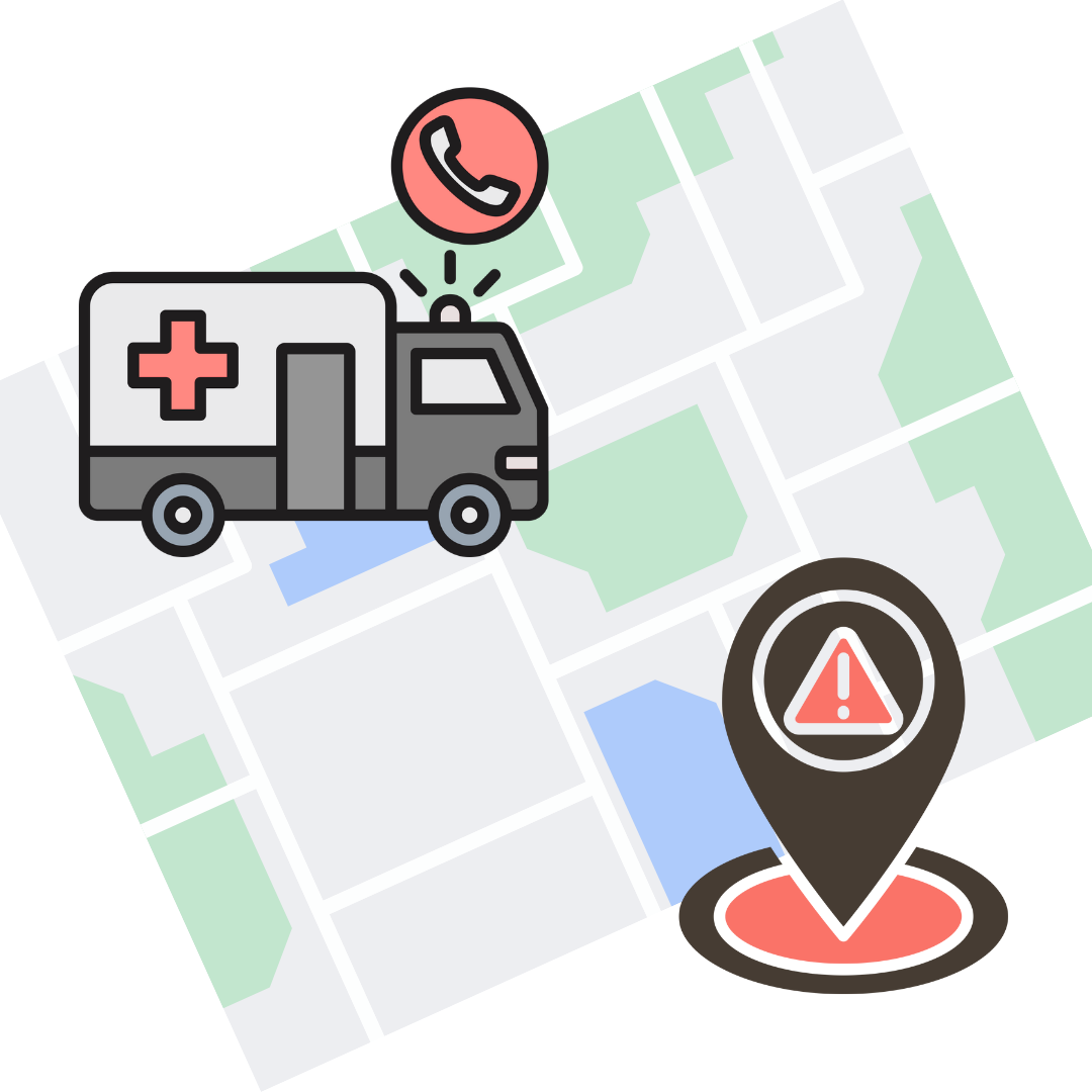 Graphic of an ambulance receiving an emergency call, a map, and a location of the person needing help.