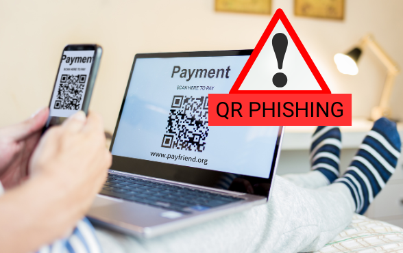 QR PHISHING Image of a laptop with a QR code and someone scanning it but there's a red warning sign showing that it is a bad code.