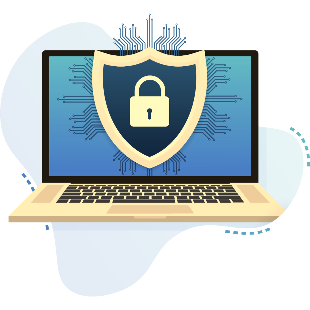 Icon of a laptop with a badge and closed lock to symbolize secure computing.