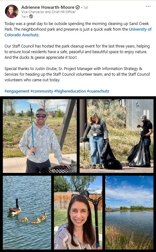 A screengrab of Adrienne's LinkedIn post recapping the volunteer efforts during the 2026 park cleanup day.