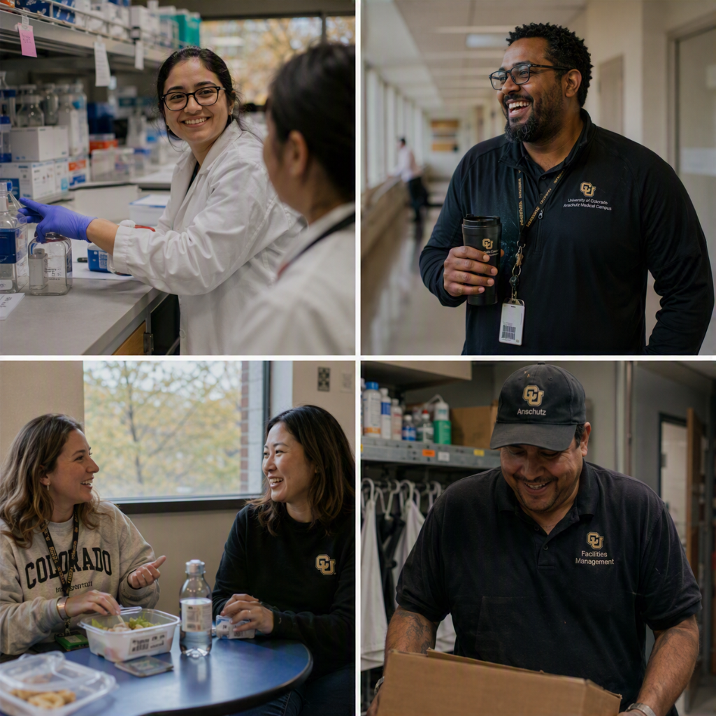 Example staff members in various work scenarios on the university