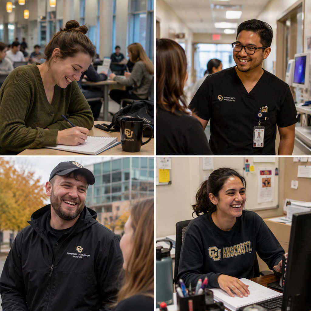 Example staff members in various work scenarios on the university