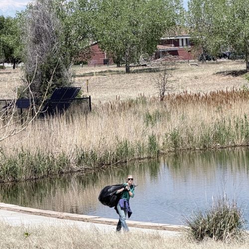 A CU Anschutz staff volunteer hauls a giant black garbage bag over their shoulder while walking by the lake at Sand Creek Park.