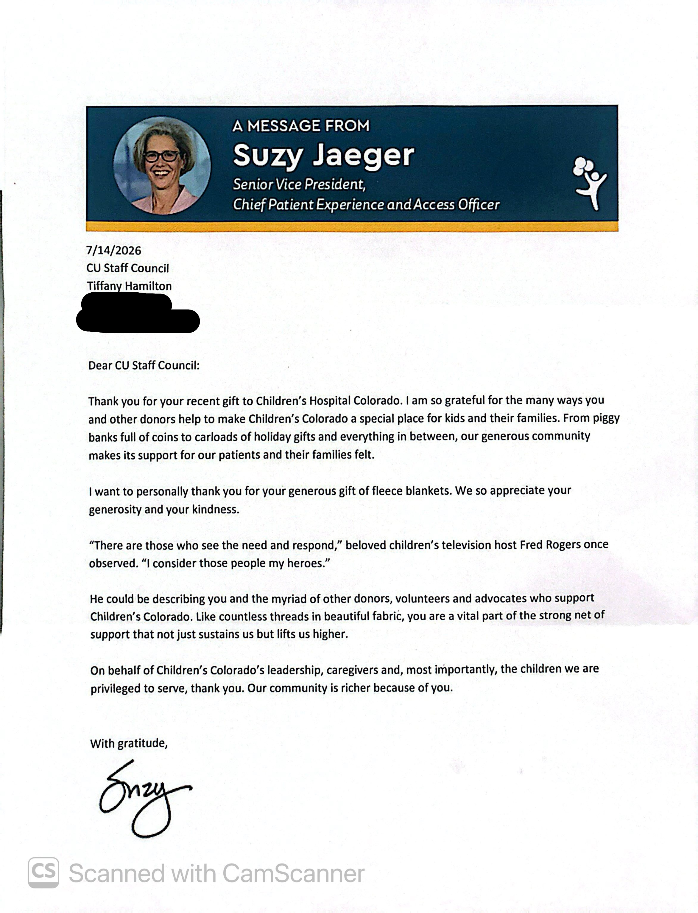 Image of a thank you letter sent to staff council from Suzy Jaeger, Senior Vice President and Chief Patient Experience and Access Officer at Children's Hospital Colorado.